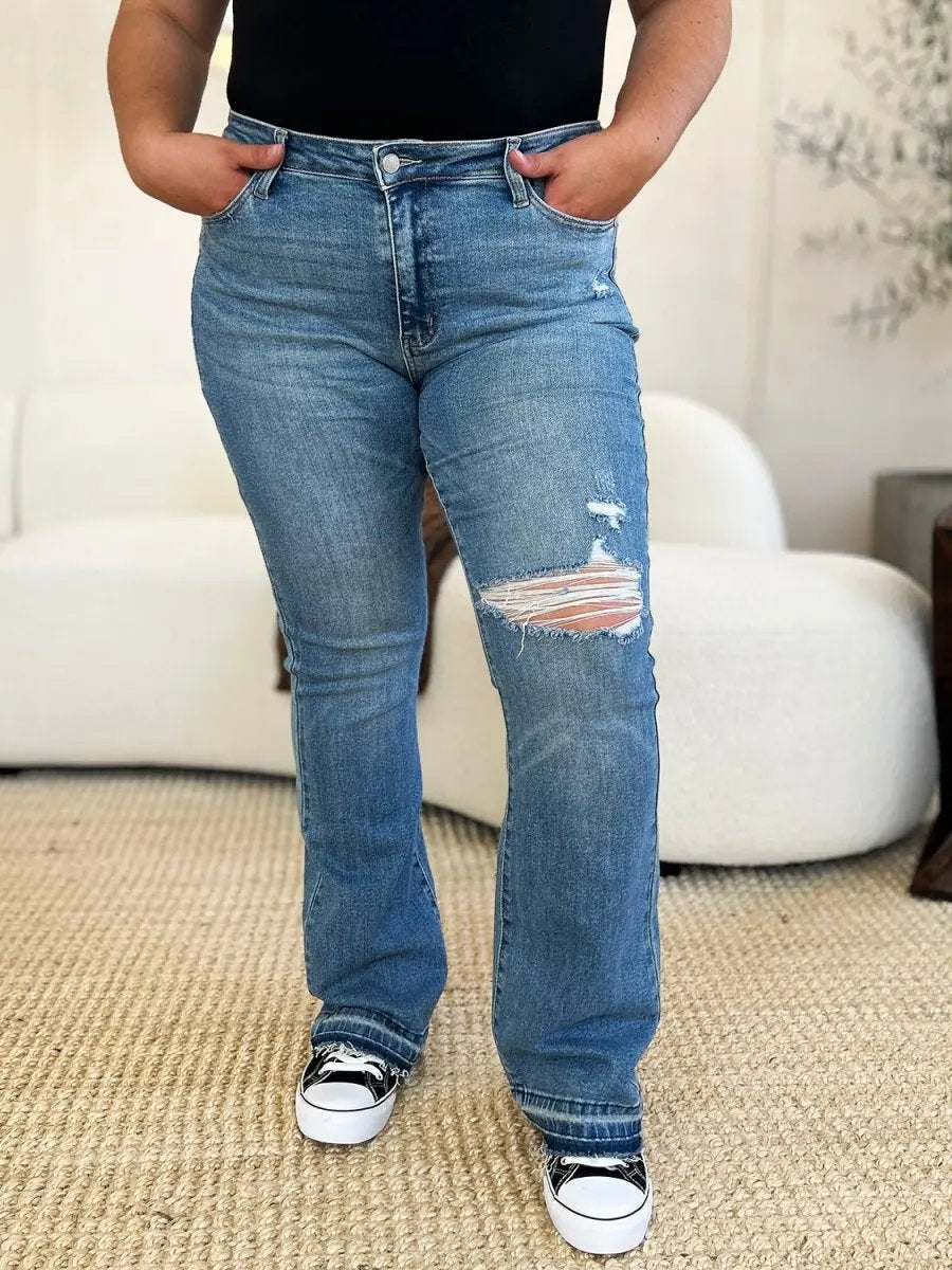 Judy Blue Full Size Mid Rise Destroyed Hem Distressed Jeans - Love Salve